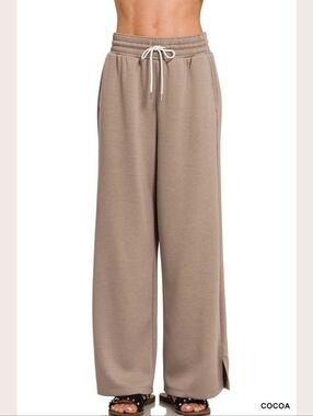 Zenana Scuba Relaxed Wide-Leg Drawstring Pants- in Cocoa